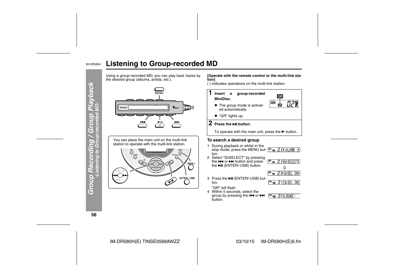 Listening to group-recorded md, Gr oup reco rd ing / gr oup pla y bac k | Sharp TINSE0568AWZZ User Manual | Page 56 / 88