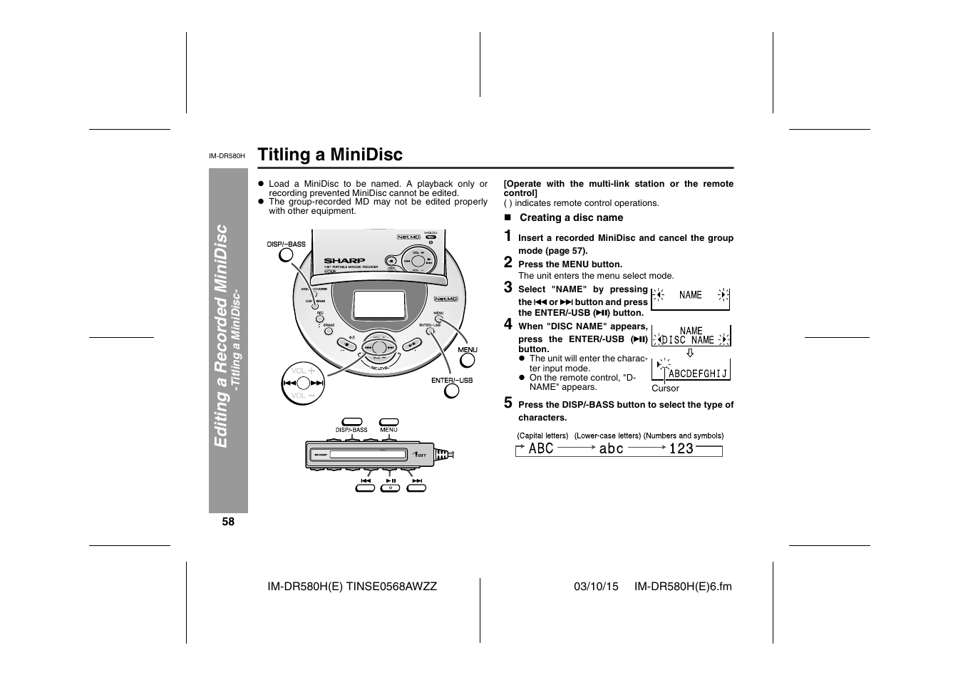 Titling a minidisc, Editi ng a r ecor d ed m inidisc | Sharp TINSE0568AWZZ User Manual | Page 58 / 88