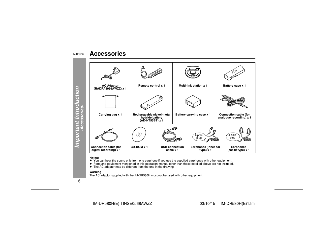 Accessories, Impor ta nt i n tr oduct ion | Sharp TINSE0568AWZZ User Manual | Page 6 / 88