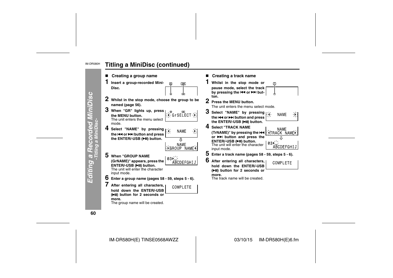 Editi ng a r ecor d ed m inidisc, Titling a minidisc (continued) | Sharp TINSE0568AWZZ User Manual | Page 60 / 88