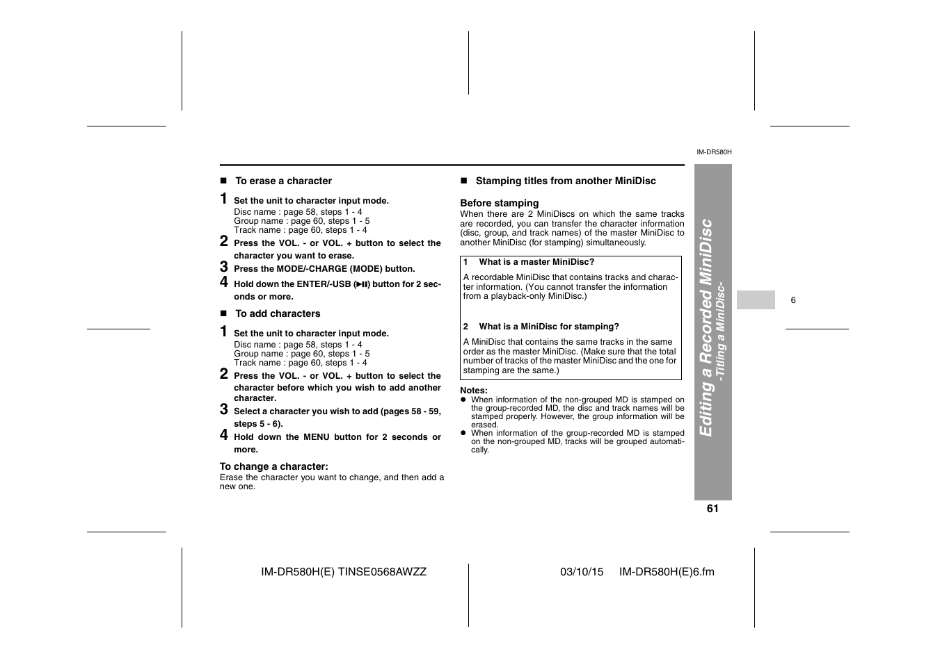 Editi ng a r ecor d ed m inidisc | Sharp TINSE0568AWZZ User Manual | Page 61 / 88