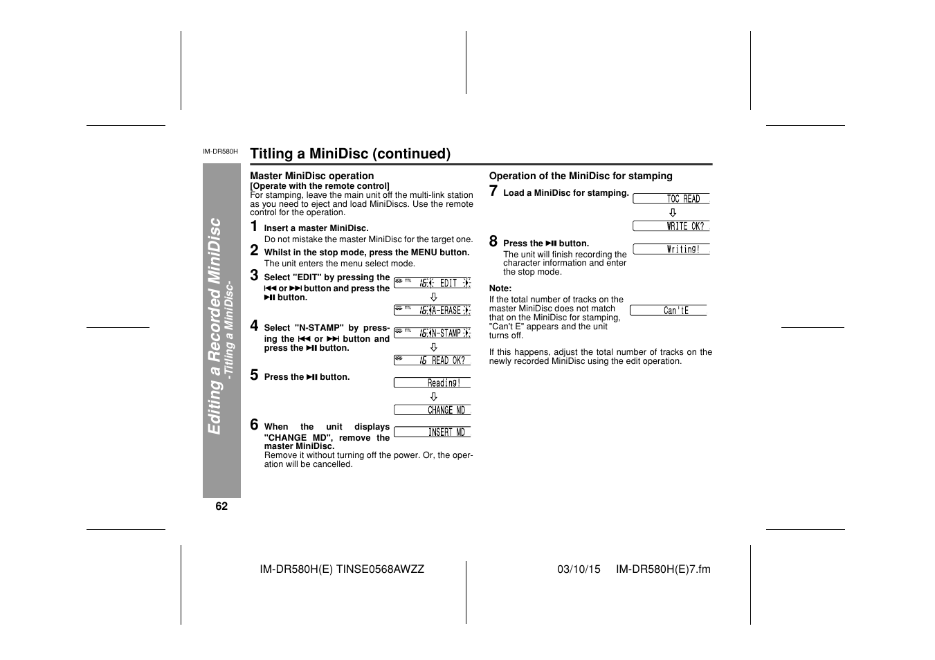 Editi ng a r ecor d ed m inidisc | Sharp TINSE0568AWZZ User Manual | Page 62 / 88