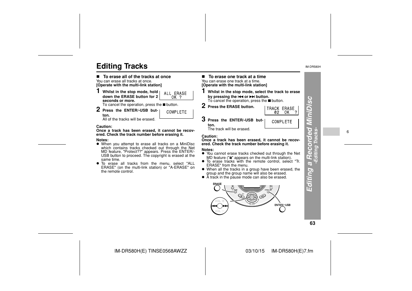 Editing tracks, Editi ng a r ecor d ed m inidisc | Sharp TINSE0568AWZZ User Manual | Page 63 / 88