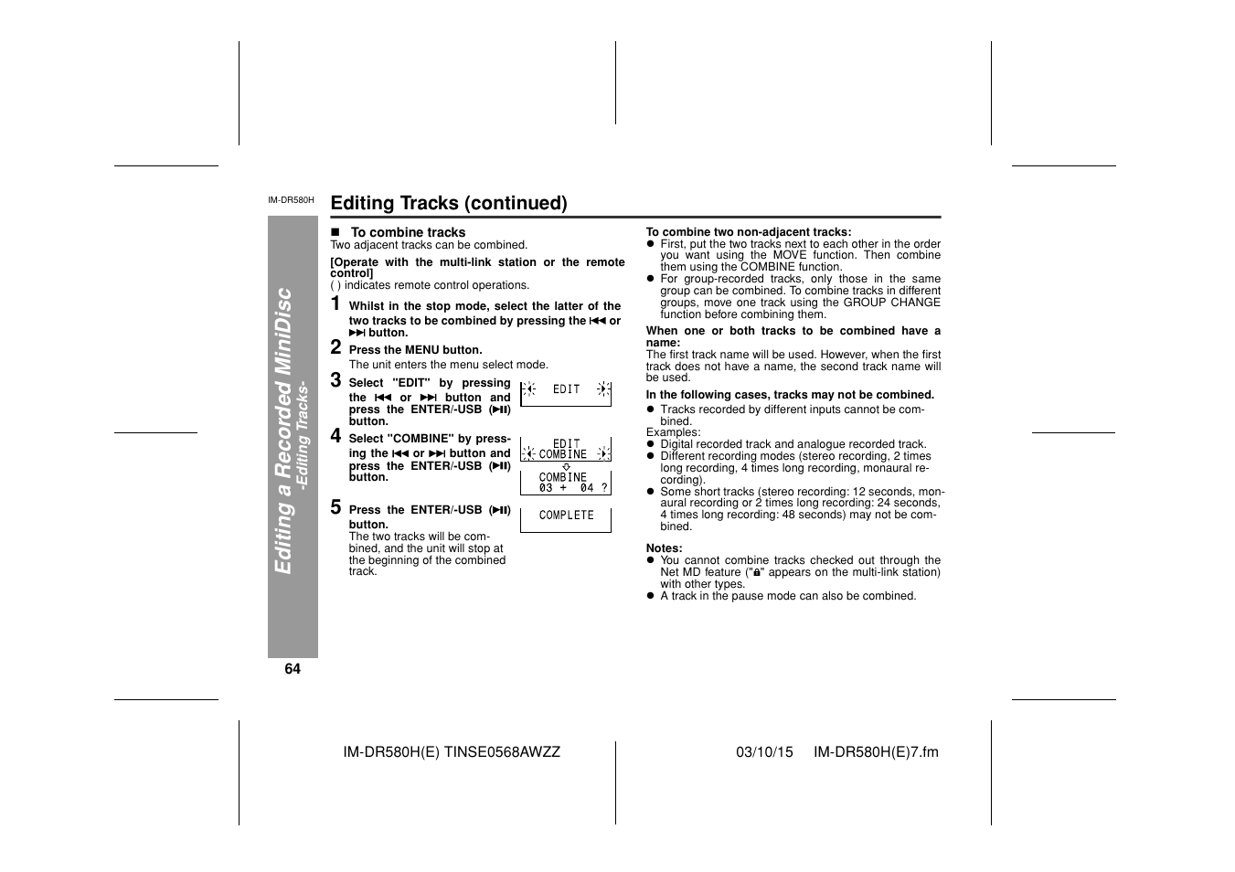 Editi ng a r ecor d ed m inidisc, Editing tracks (continued) | Sharp TINSE0568AWZZ User Manual | Page 64 / 88