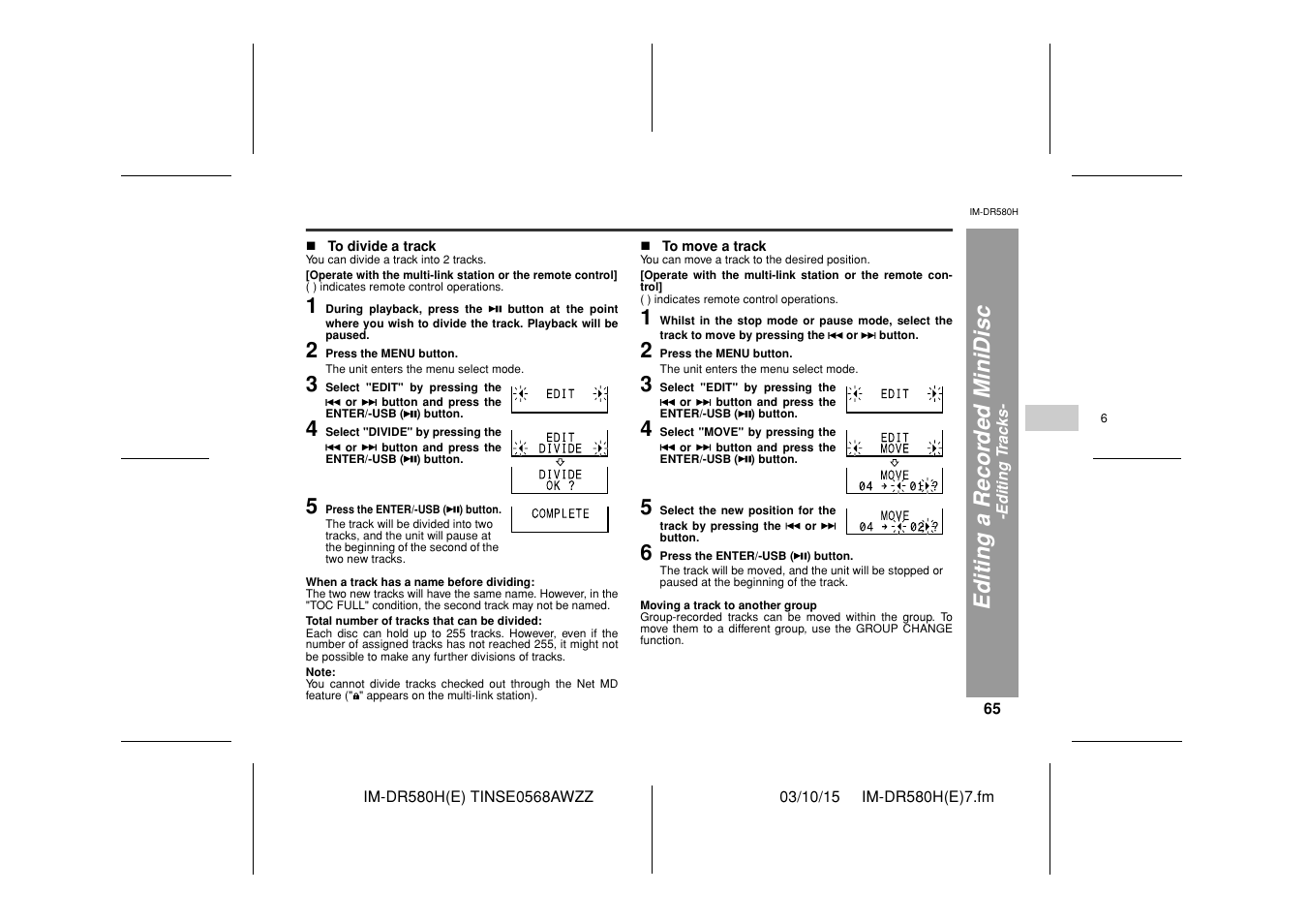 Editi ng a r ecor d ed m inidisc | Sharp TINSE0568AWZZ User Manual | Page 65 / 88