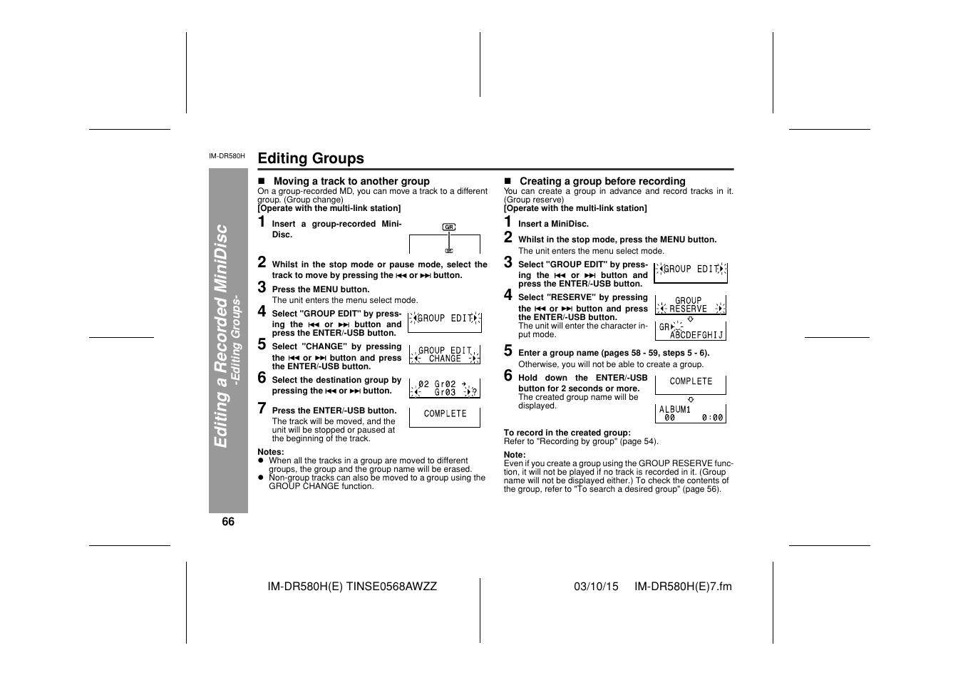 Editi ng a r ecor d ed m inidisc, Editing groups | Sharp TINSE0568AWZZ User Manual | Page 66 / 88