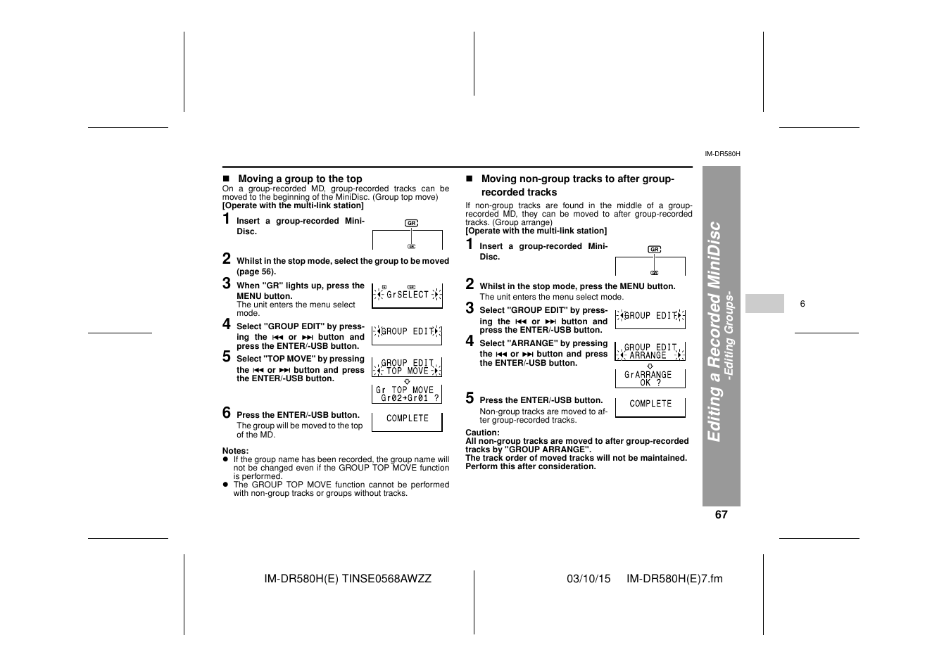 Editi ng a r ecor d ed m inidisc | Sharp TINSE0568AWZZ User Manual | Page 67 / 88