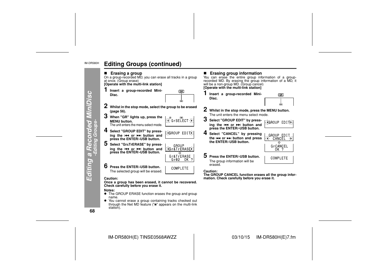 Editi ng a r ecor d ed m inidisc, Editing groups (continued) | Sharp TINSE0568AWZZ User Manual | Page 68 / 88