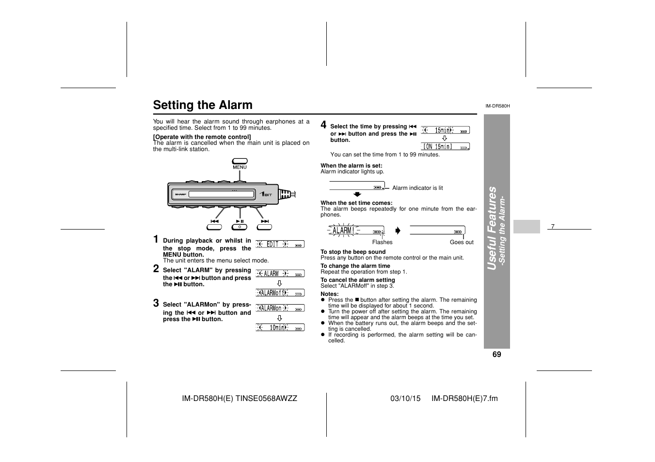 Setting the alarm, Useful feat ures | Sharp TINSE0568AWZZ User Manual | Page 69 / 88