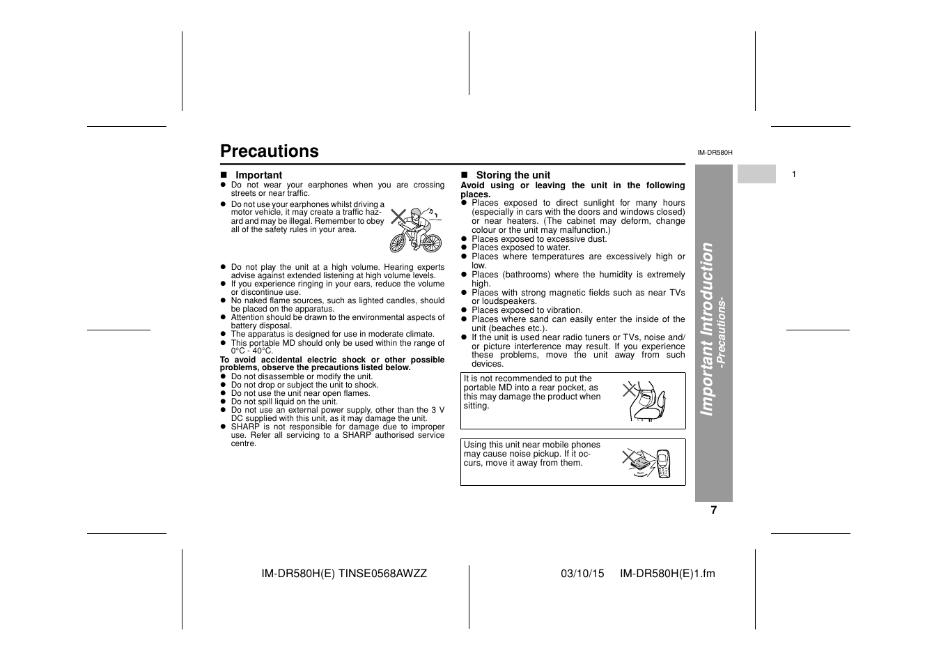 Precautions, Impor ta nt i n tr oduct ion | Sharp TINSE0568AWZZ User Manual | Page 7 / 88