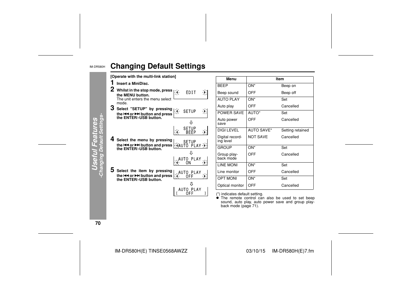 Changing default settings, Useful feat ures | Sharp TINSE0568AWZZ User Manual | Page 70 / 88