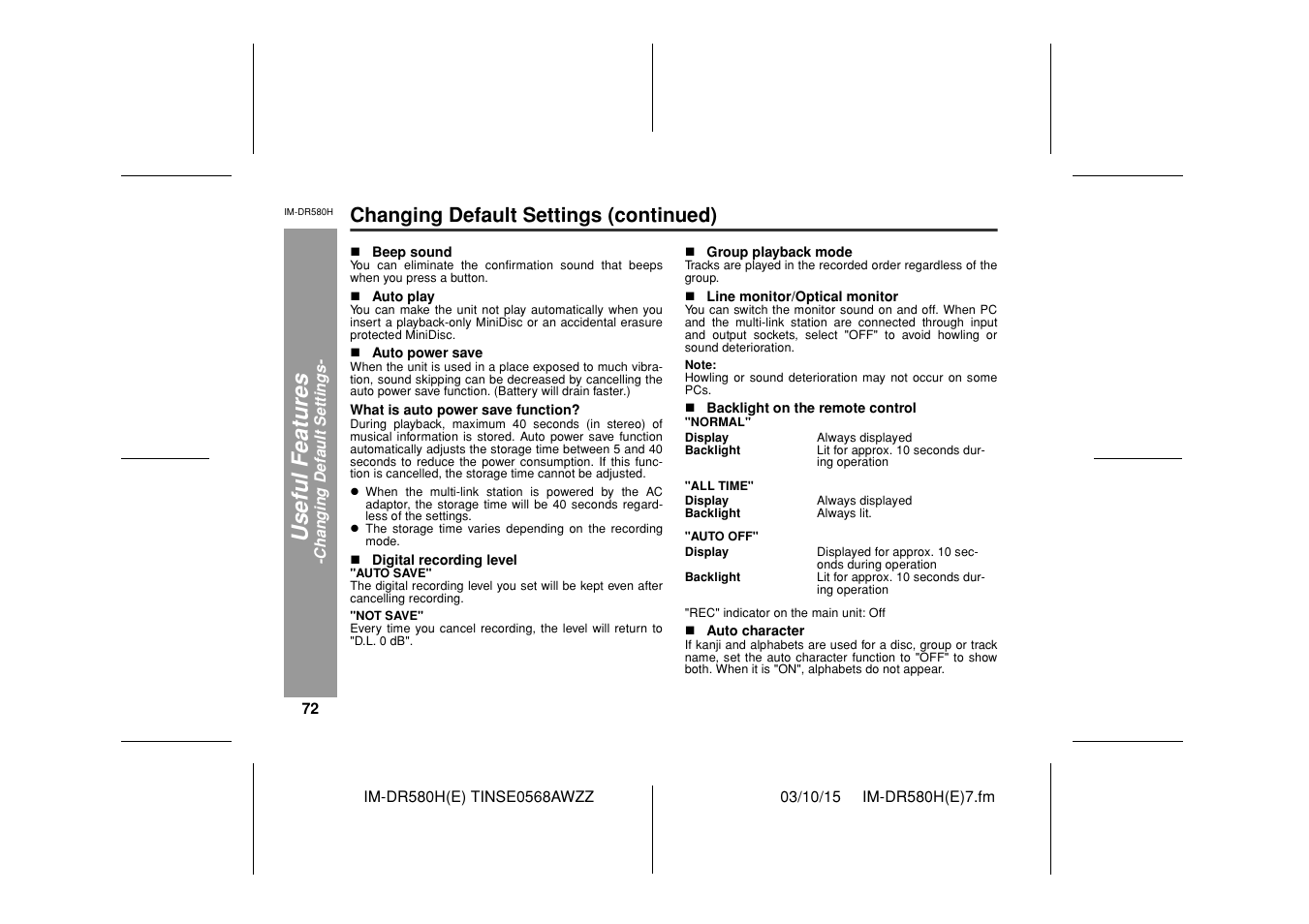 Useful feat ures, Changing default settings (continued) | Sharp TINSE0568AWZZ User Manual | Page 72 / 88