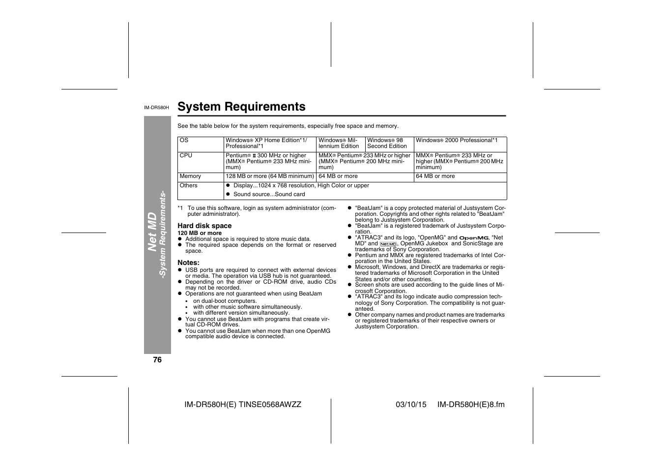 System requirements, Net m d | Sharp TINSE0568AWZZ User Manual | Page 76 / 88