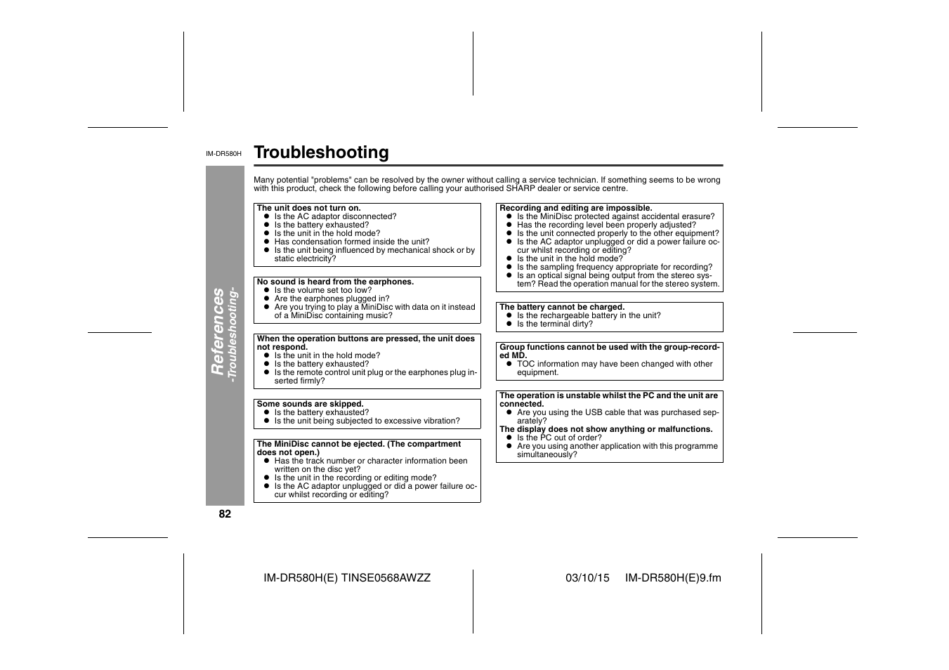 Troubleshooting, Ref e rences | Sharp TINSE0568AWZZ User Manual | Page 82 / 88