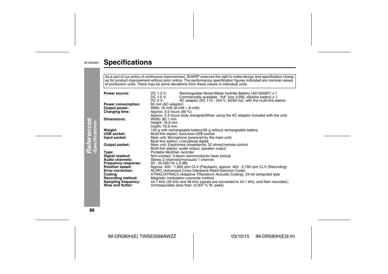 Specifications, Ref e rences | Sharp TINSE0568AWZZ User Manual | Page 86 / 88