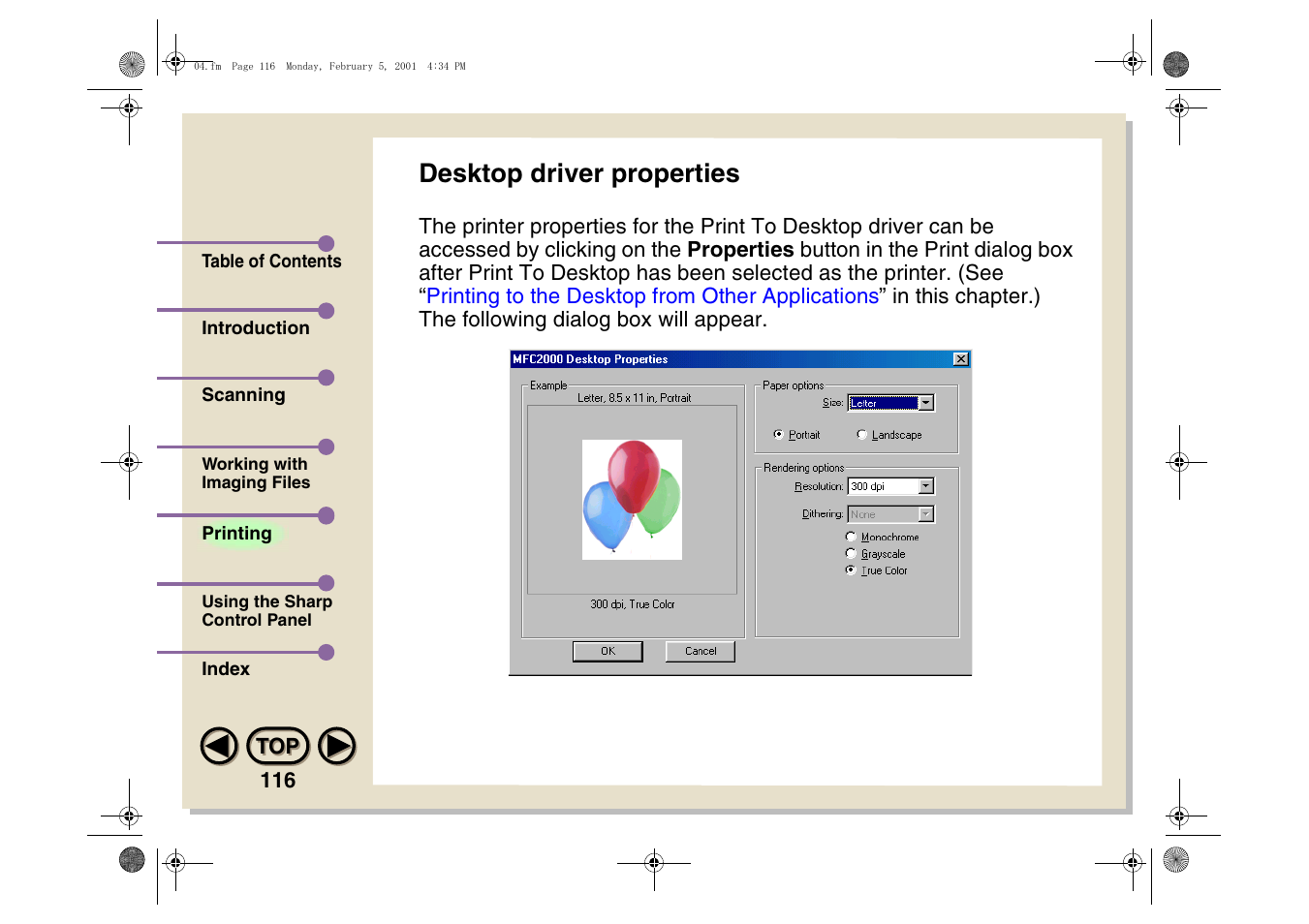 Desktop driver properties | Sharp AJ-5030 User Manual | Page 117 / 148