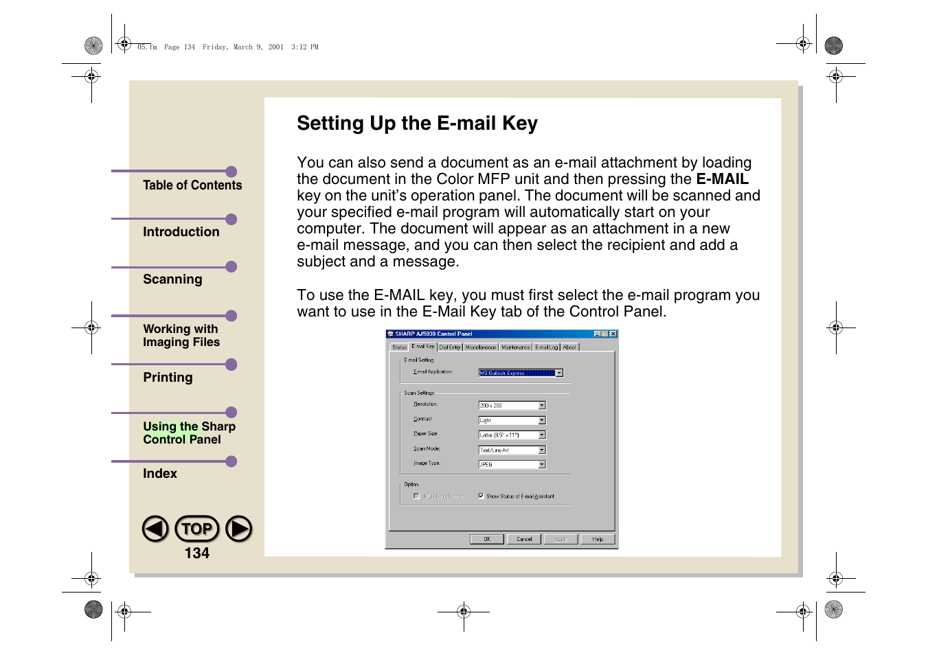 Setting up the e-mail key | Sharp AJ-5030 User Manual | Page 135 / 148