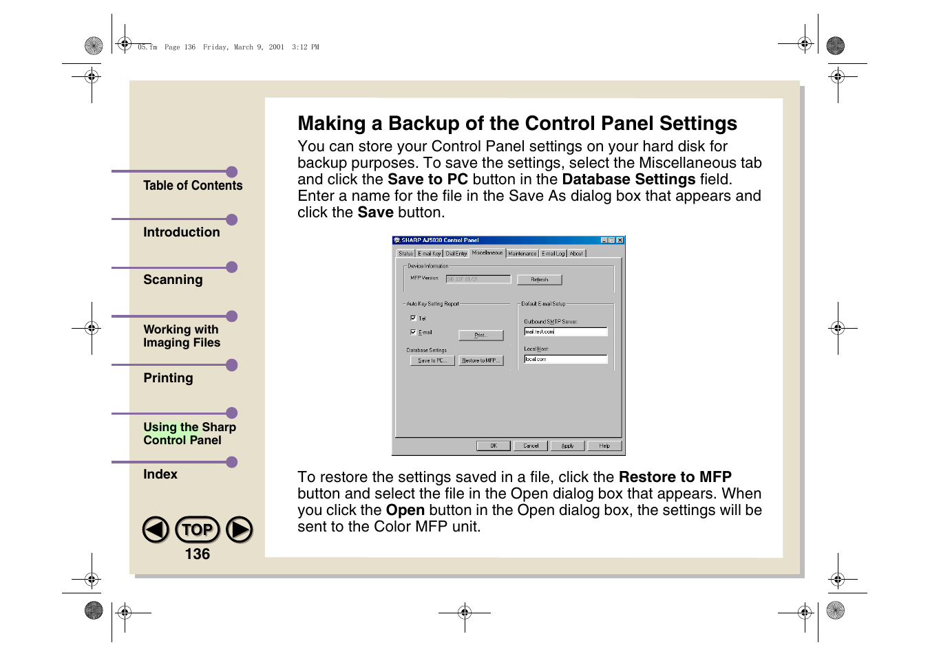 Making a backup of the control panel settings | Sharp AJ-5030 User Manual | Page 137 / 148