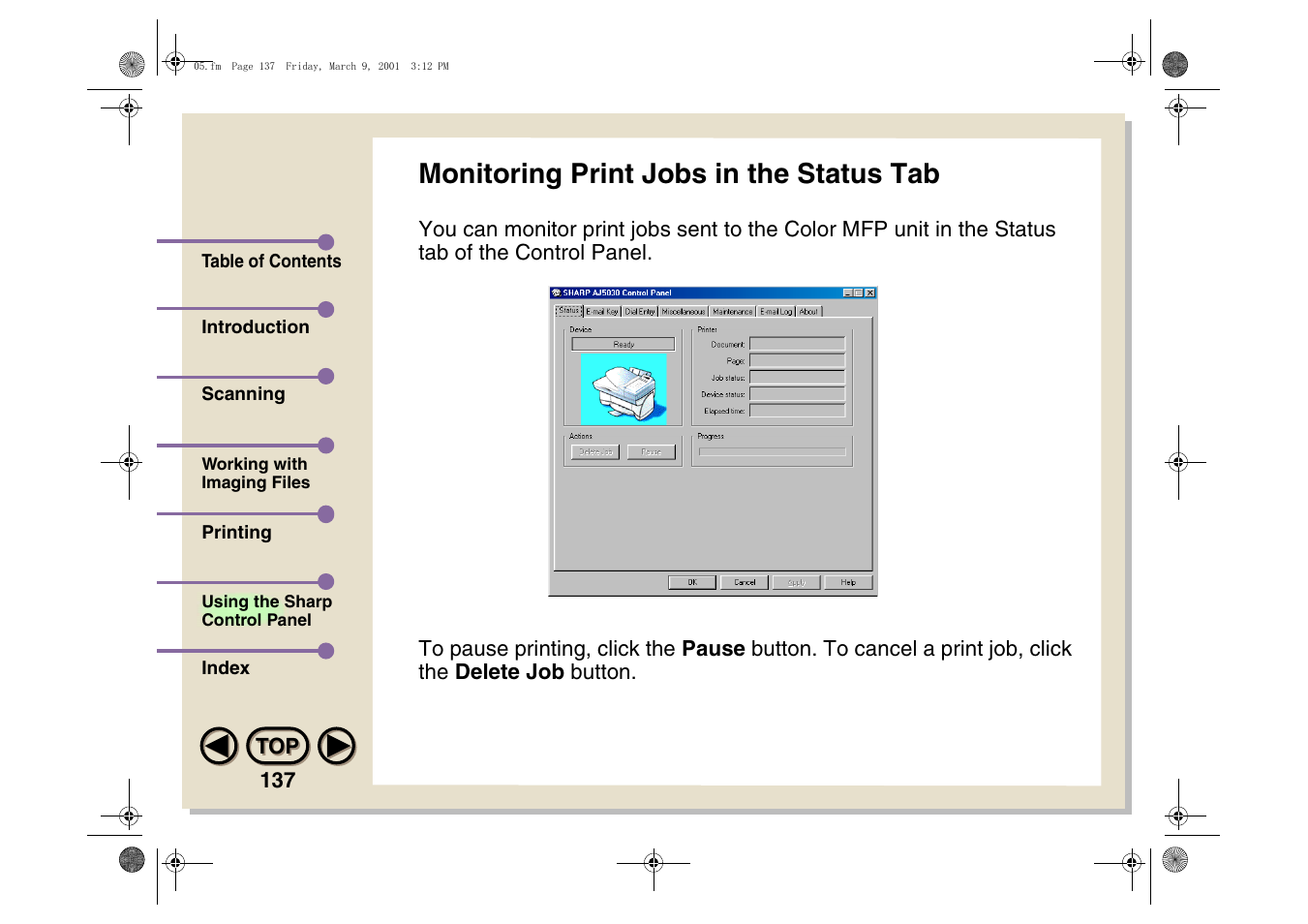 Monitoring print jobs in the status tab | Sharp AJ-5030 User Manual | Page 138 / 148