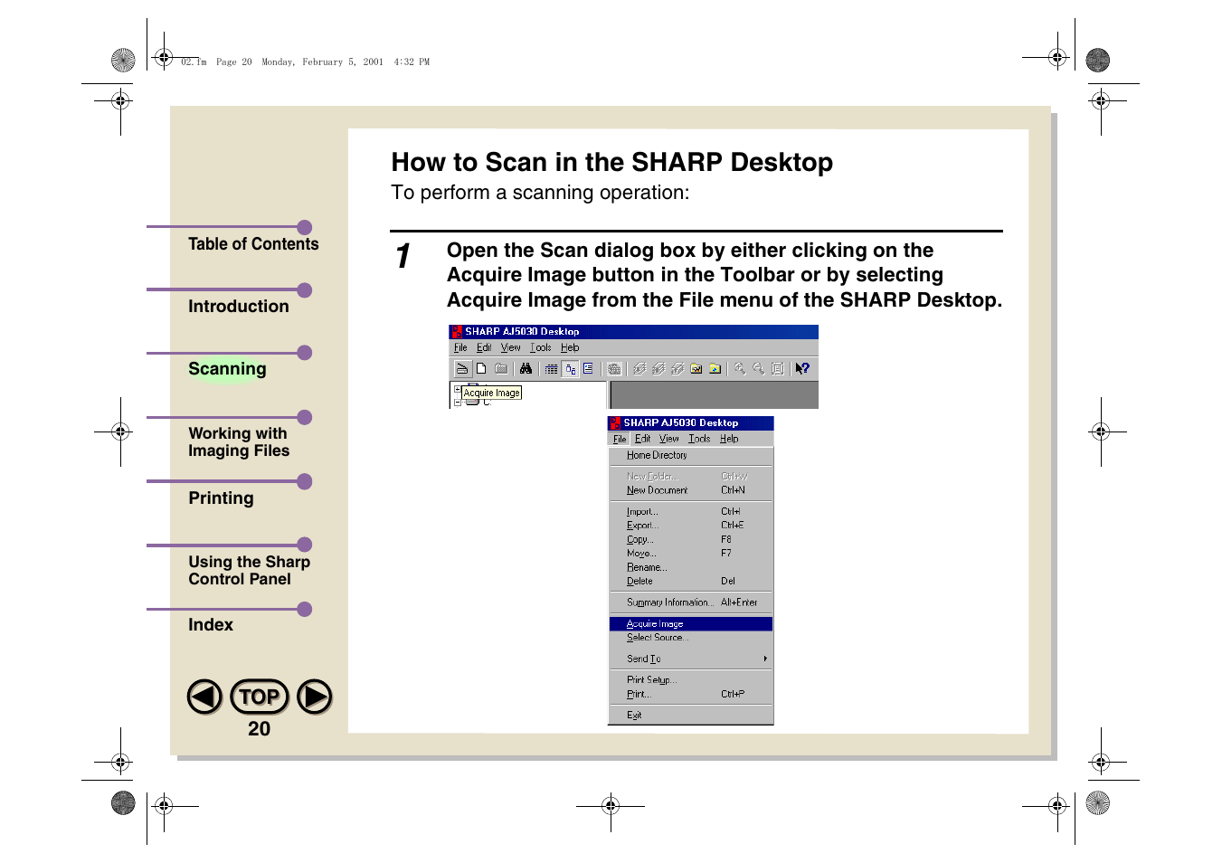 How to scan in the sharp desktop | Sharp AJ-5030 User Manual | Page 21 / 148
