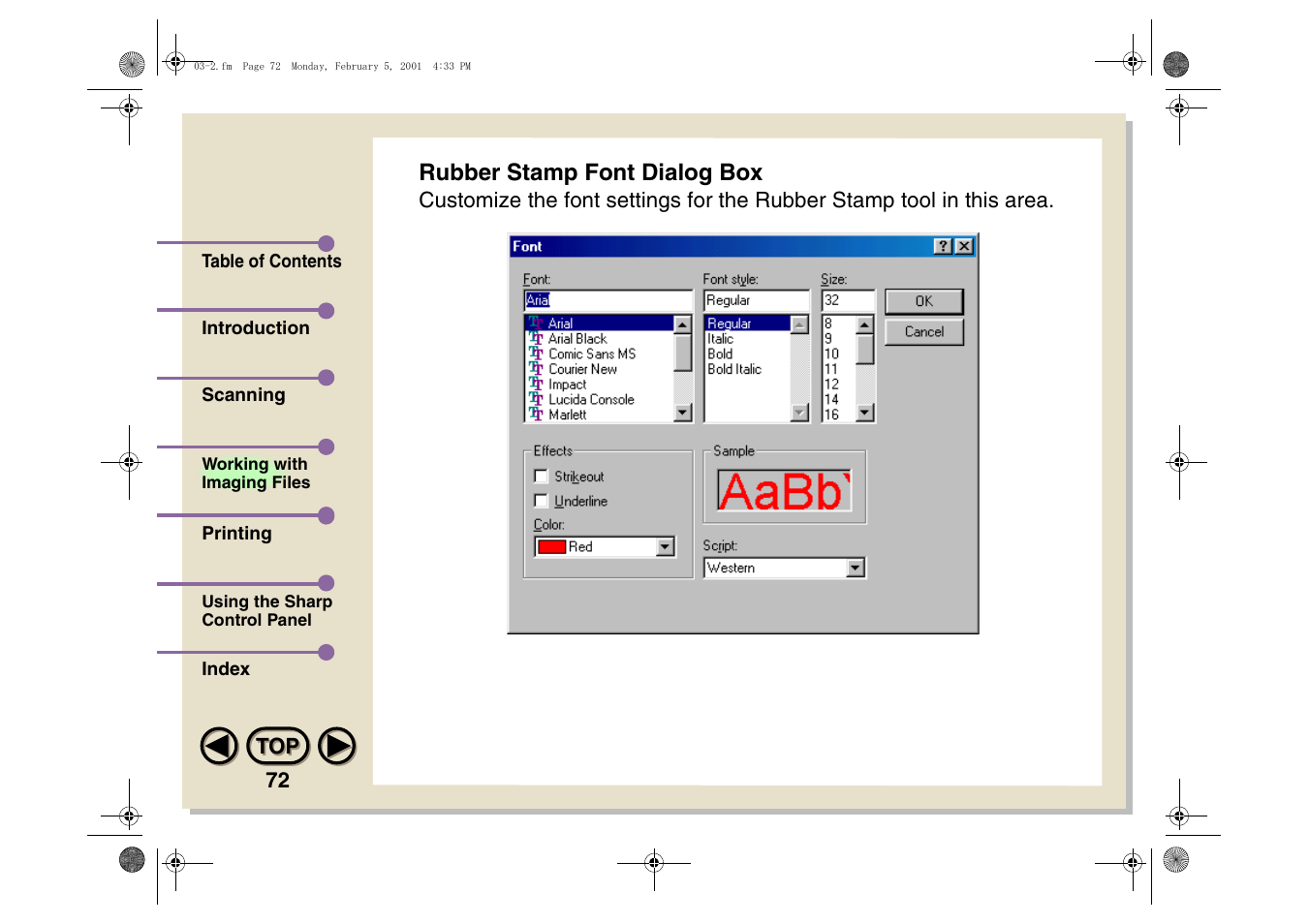 Rubber stamp font dialog box, In th | Sharp AJ-5030 User Manual | Page 73 / 148