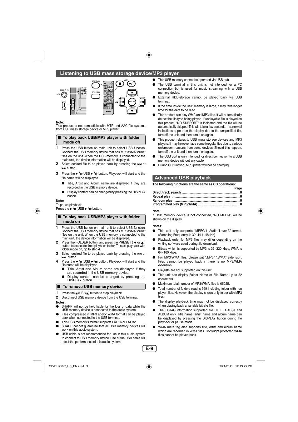 Listening to usb mass storage device/mp3 player, To play back usb/mp3 player with foldermode off, To play back usb/mp3 player with foldermode on | To remove usb memory device, Advanced usb playback | Sharp CD-DH950P User Manual | Page 10 / 16