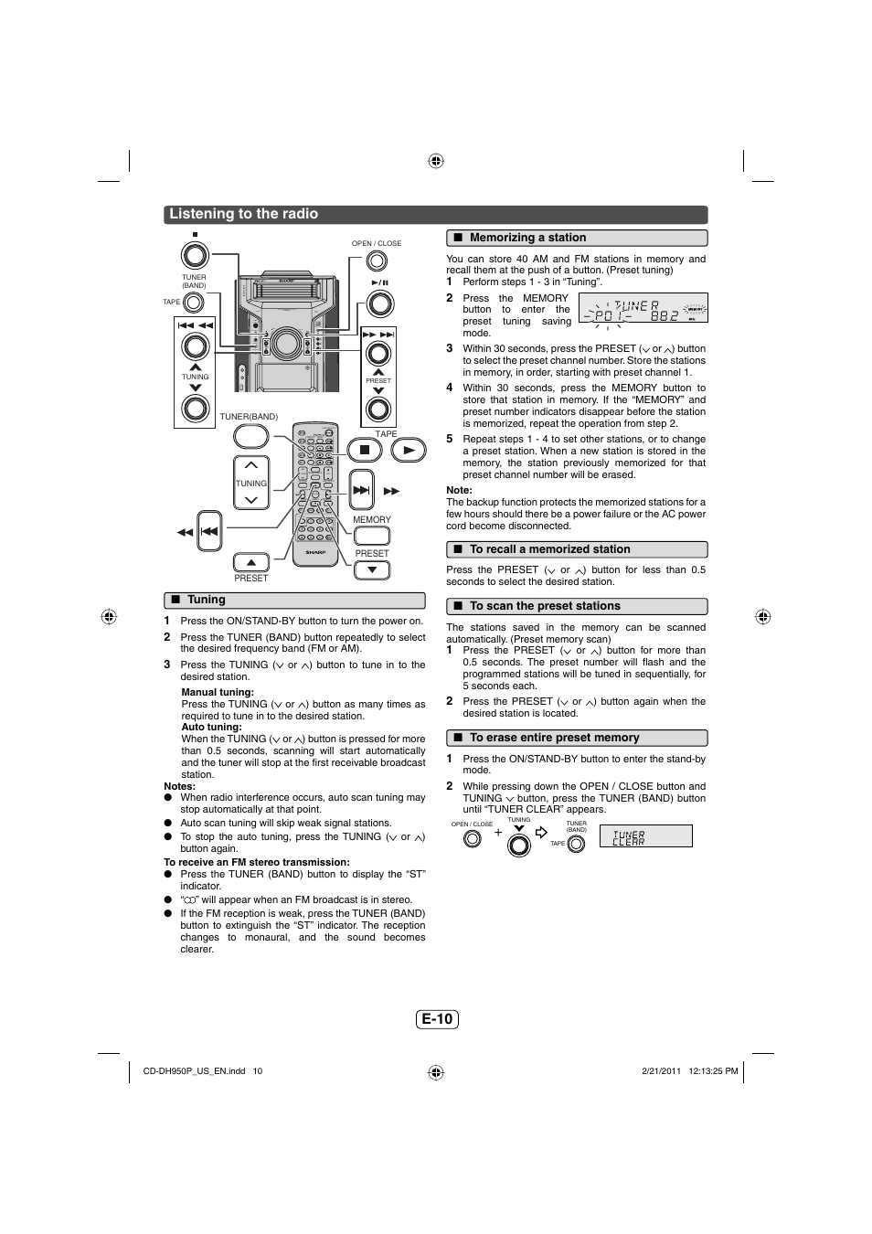 Listening to the radio, Tuning, Memorizing a station | To recall a memorized station, To scan the preset stations, To erase entire preset memory, E-10 listening to the radio, Tv out) | Sharp CD-DH950P User Manual | Page 11 / 16