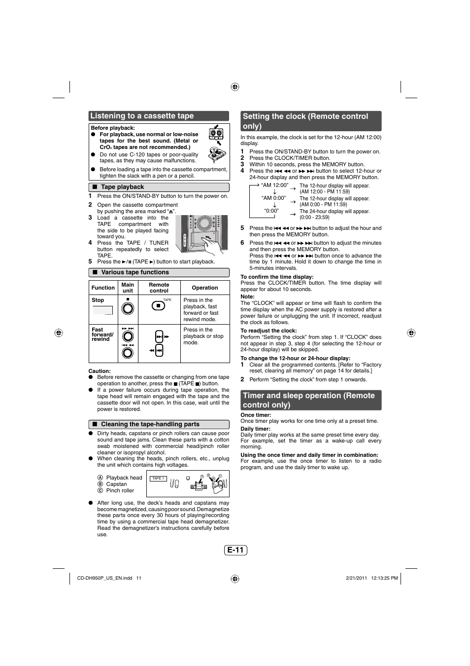 Listening to a cassette tape, Tape playback, Various tape functions | Cleaning the tape-handling parts, Setting the clock (remote controlonly), Timer and sleep operation (remotecontrol only), E-11 listening to a cassette tape, Timer and sleep operation (remote control only), Setting the clock (remote control only) | Sharp CD-DH950P User Manual | Page 12 / 16