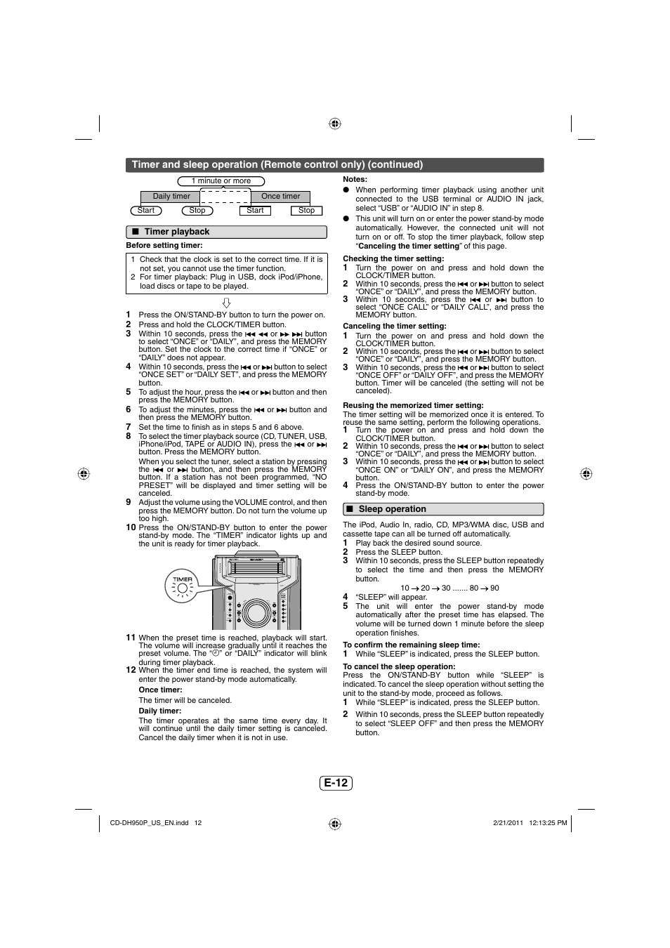 Timer playback, Sleep operation, E-12 | Sharp CD-DH950P User Manual | Page 13 / 16