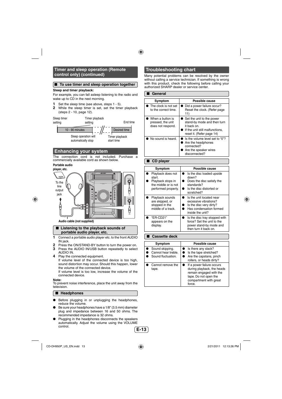 To use timer and sleep operation together, Enhancing your system, Headphones | Troubleshooting chart, General, Cd player, Cassette deck, E-13 | Sharp CD-DH950P User Manual | Page 14 / 16