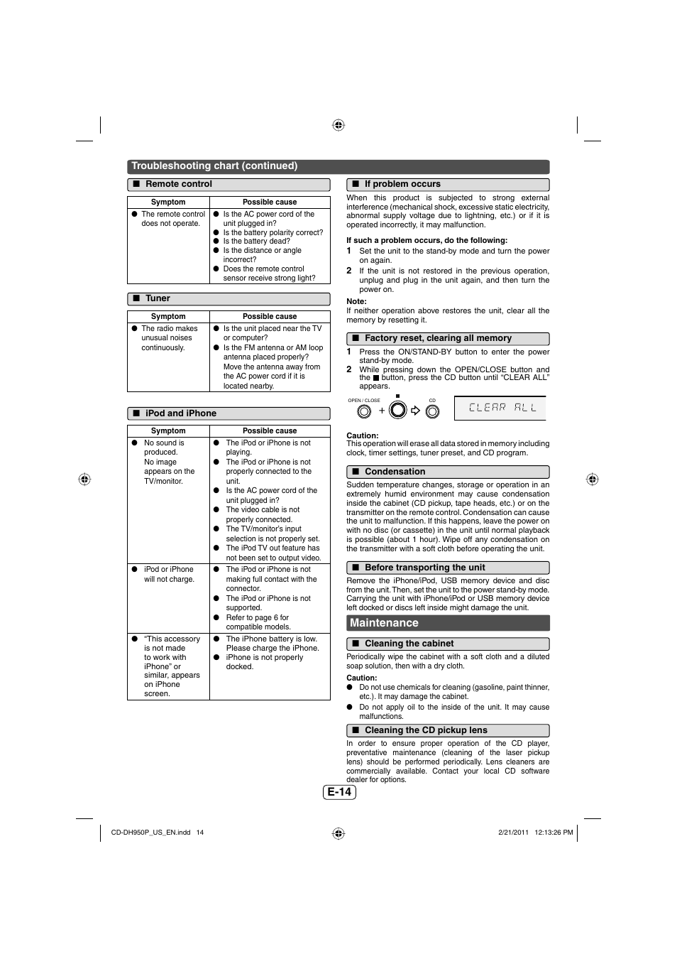 Remote control, Tuner, Ipod and iphone | If problem occurs, Factory reset, clearing all memory, Condensation, Before transporting the unit, Maintenance, Cleaning the cabinet, Cleaning the cd pickup lens | Sharp CD-DH950P User Manual | Page 15 / 16