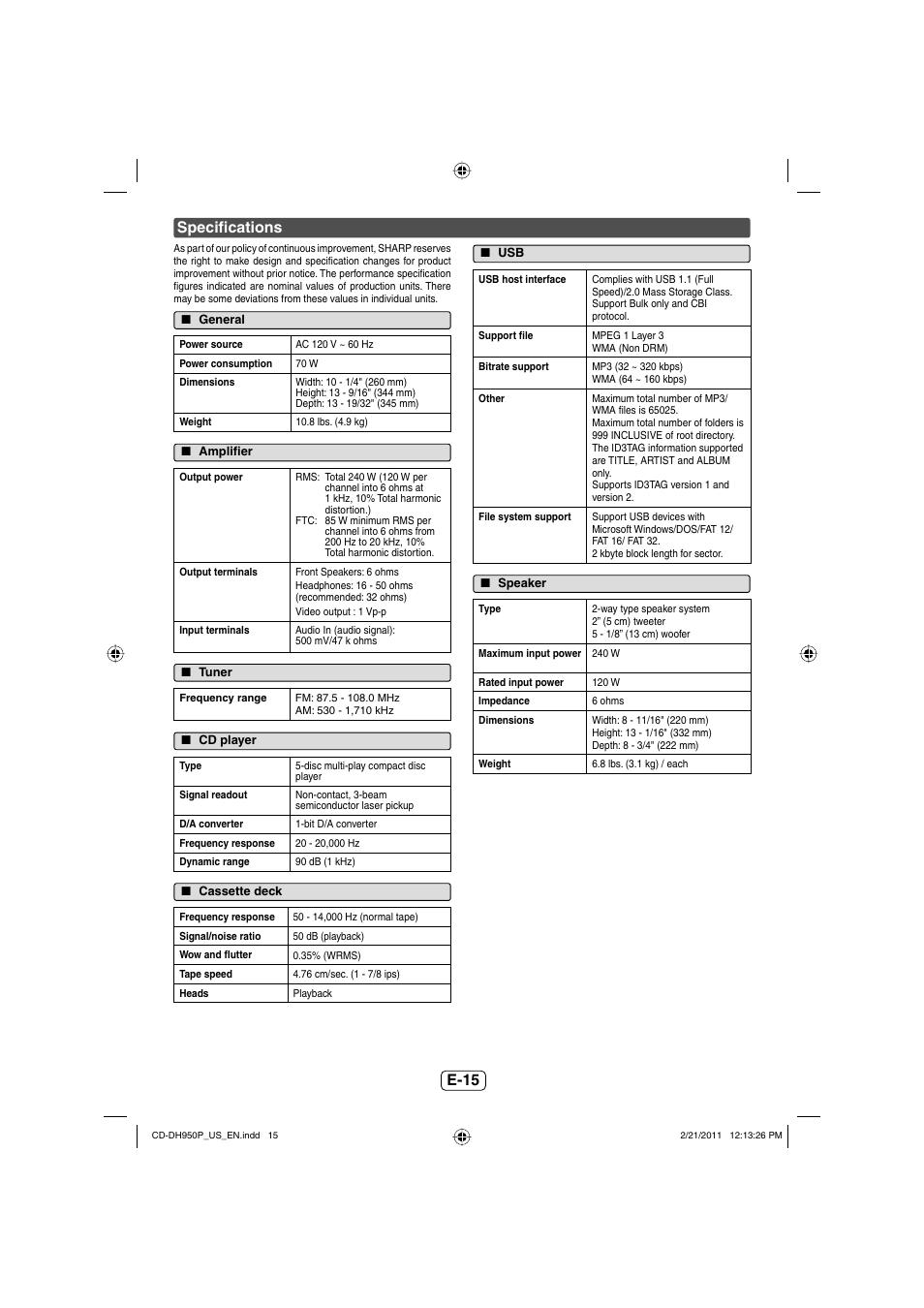 Specifications, General, Amplifier | Tuner, Cd player, Cassette deck, Speaker, E-15 specifi cations | Sharp CD-DH950P User Manual | Page 16 / 16