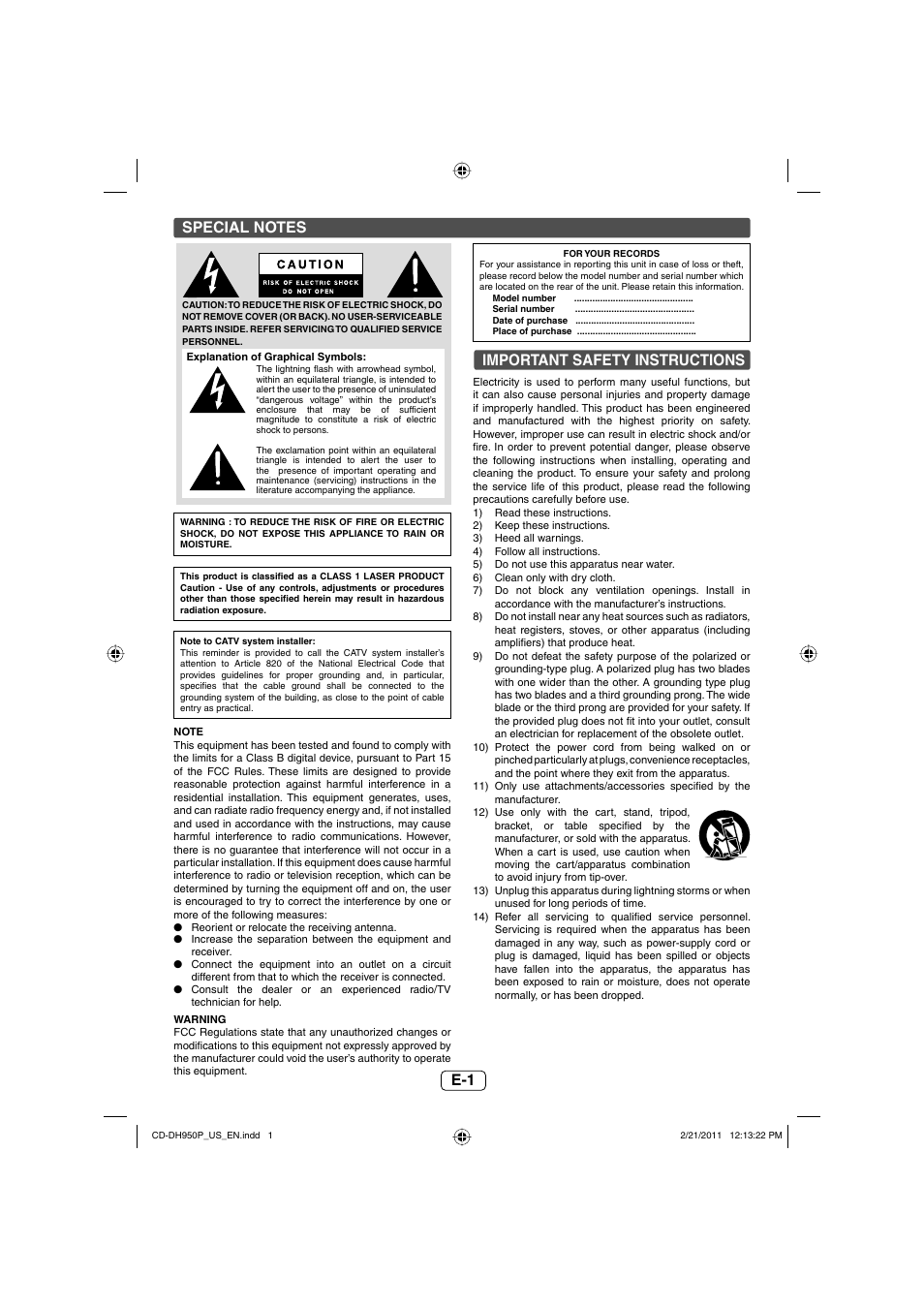 Important safety instructions | Sharp CD-DH950P User Manual | Page 2 / 16