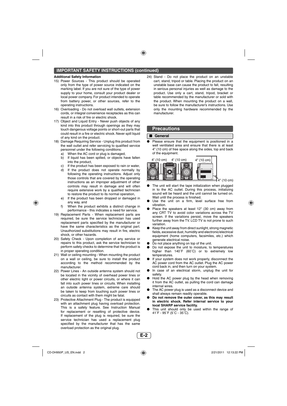 Precautions, General | Sharp CD-DH950P User Manual | Page 3 / 16