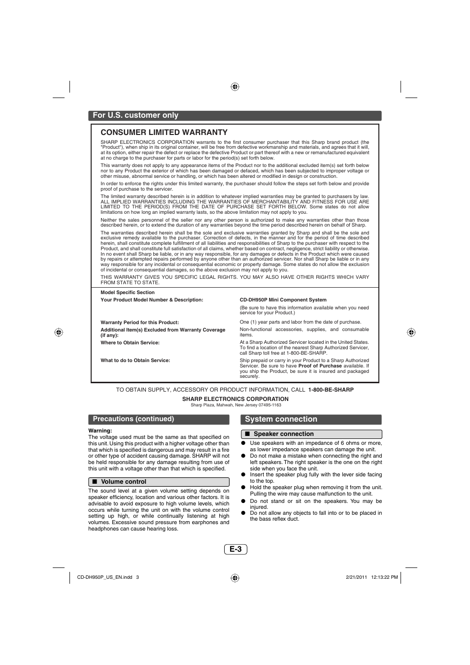 Volume control, System connection, Speaker connection | E-3 for u.s. customer only, Consumer limited warranty | Sharp CD-DH950P User Manual | Page 4 / 16