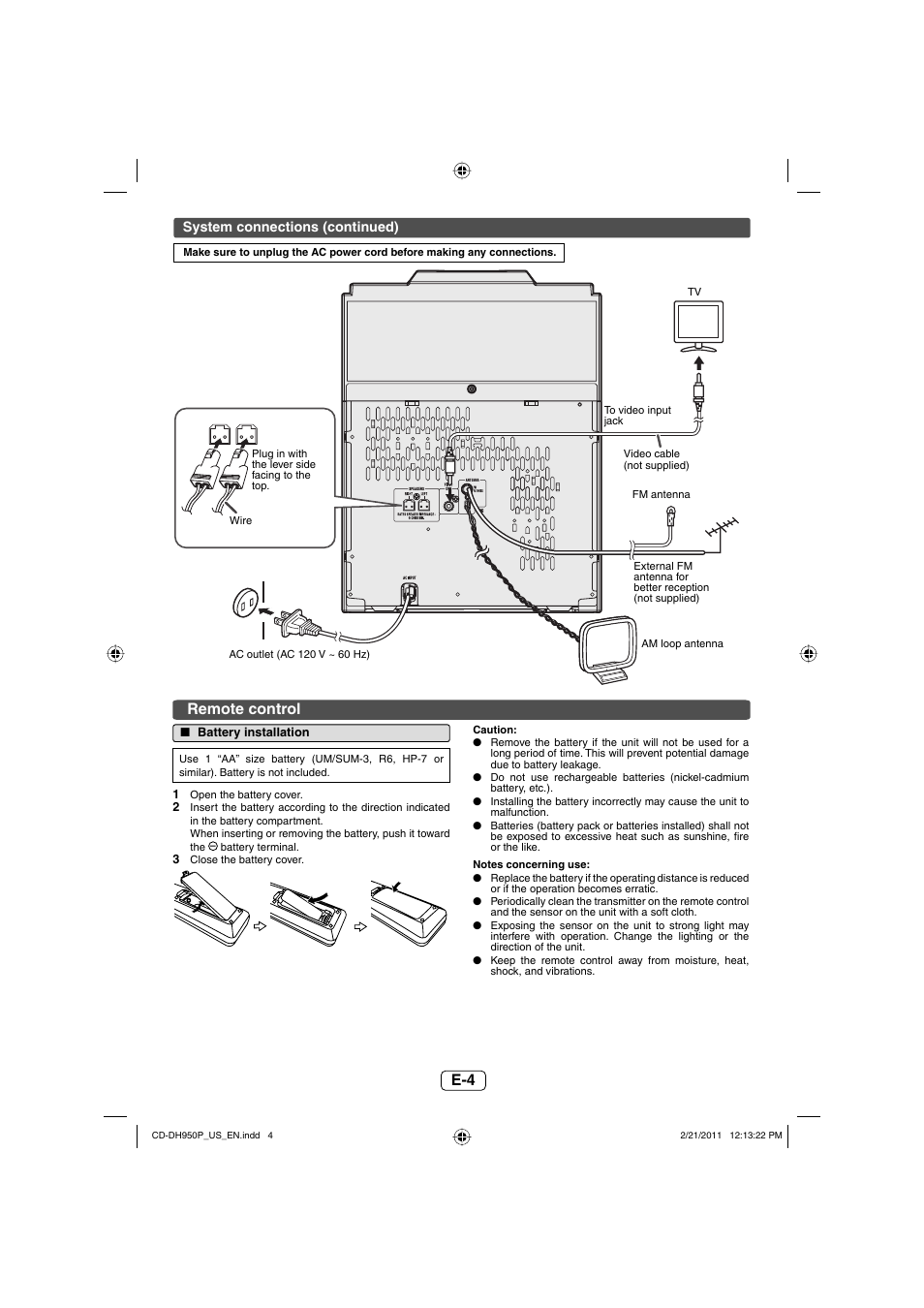 Remote control, Battery installation | Sharp CD-DH950P User Manual | Page 5 / 16