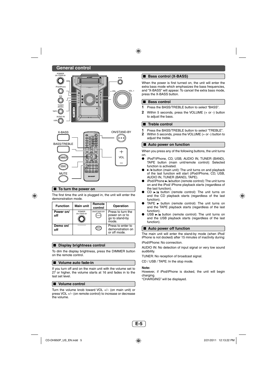 To turn the power on, Display brightness control, Volume auto fade-in | Volume control, Bass control (x-bass), Bass control, Treble control, Auto power on function, Auto power off function, General control | Sharp CD-DH950P User Manual | Page 6 / 16