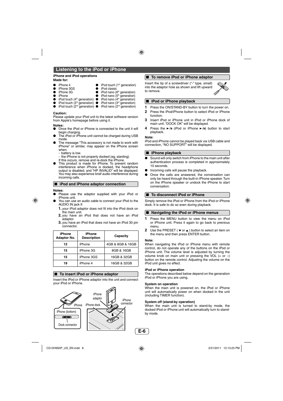 Listening to the ipod or iphone, Ipod and iphone adaptor connection, To insert ipod or iphone adaptor | To remove ipod or iphone adaptor, Ipod or iphone playback, Iphone playback, To disconnect ipod or iphone, Navigating the ipod or iphone menus | Sharp CD-DH950P User Manual | Page 7 / 16