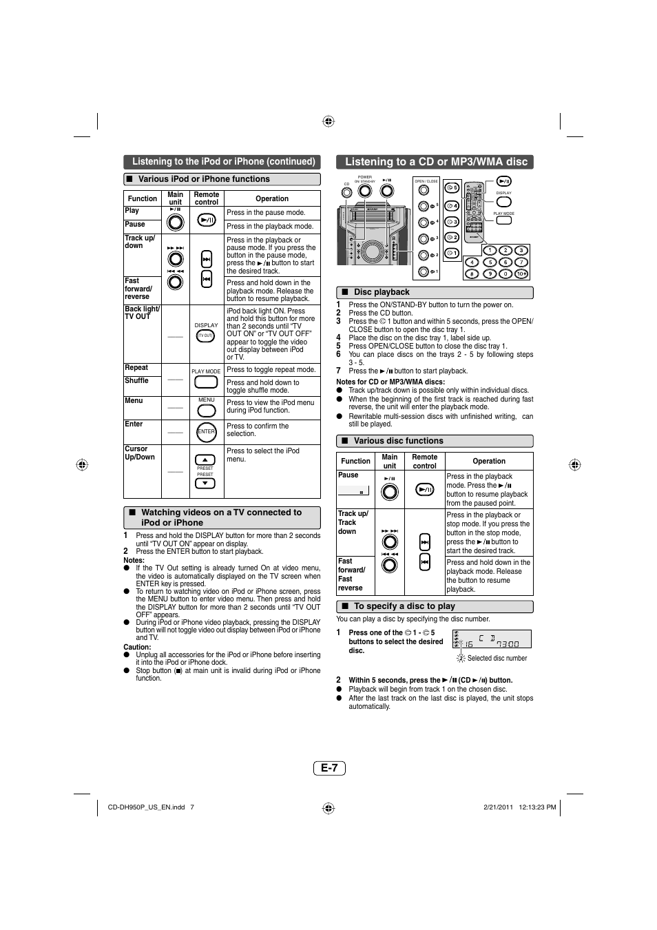 Various ipod or iphone functions, Watching videos on a tv connected toipod or iphone, Listening to a cd or mp3/wma disc | Disc playback, Various disc functions, To specify a disc to play | Sharp CD-DH950P User Manual | Page 8 / 16