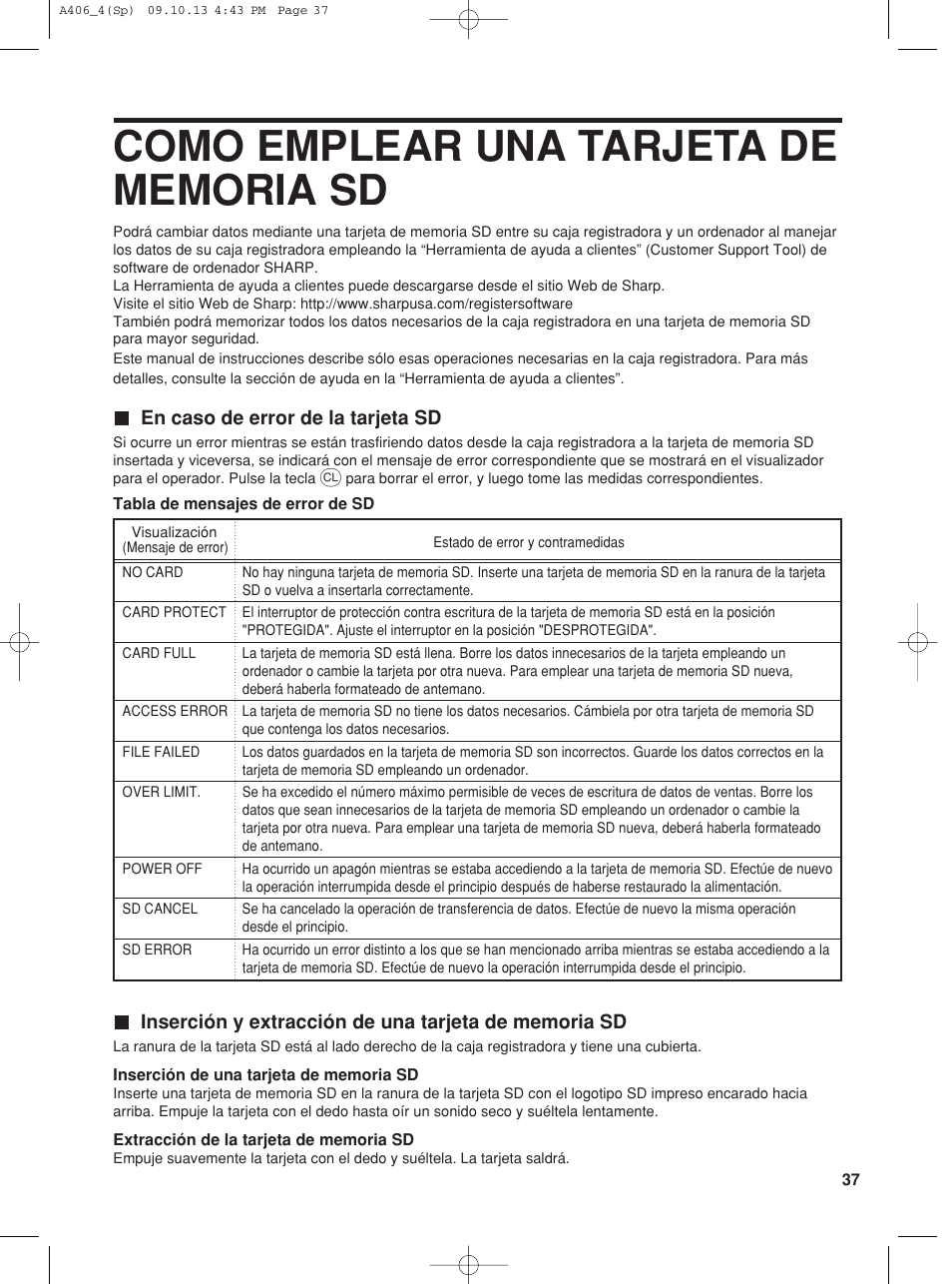 En caso de error de la tarjeta sd | Sharp TINSZ2602RCZZ User Manual | Page 121 / 132