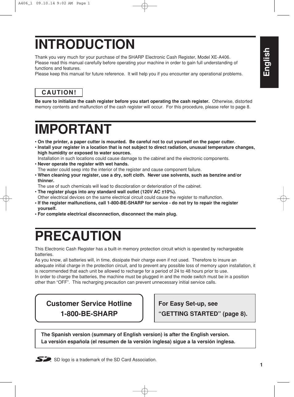 Introduction, Important, Precaution | English | Sharp TINSZ2602RCZZ User Manual | Page 3 / 132