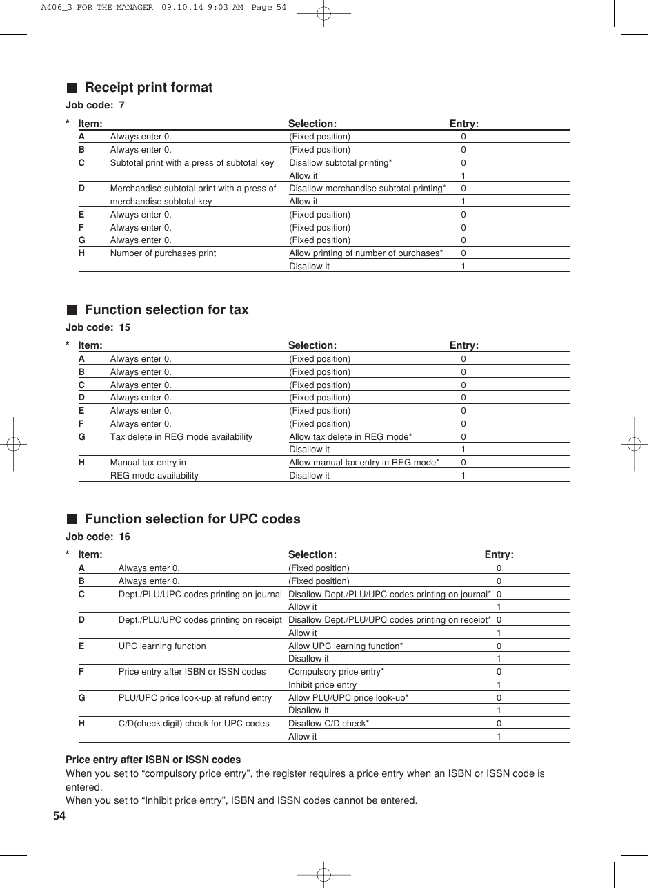 Receipt print format, Function selection for tax, Function selection for upc codes | Sharp TINSZ2602RCZZ User Manual | Page 56 / 132