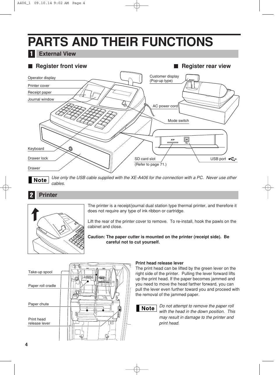 Parts and their functions, Register front view register rear view, External view | Printer | Sharp TINSZ2602RCZZ User Manual | Page 6 / 132