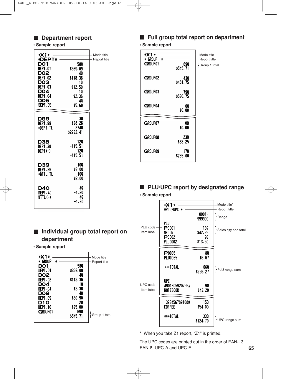 Plu/upc report by designated range, Department report, Full group total report on department | Individual group total report on department | Sharp TINSZ2602RCZZ User Manual | Page 67 / 132