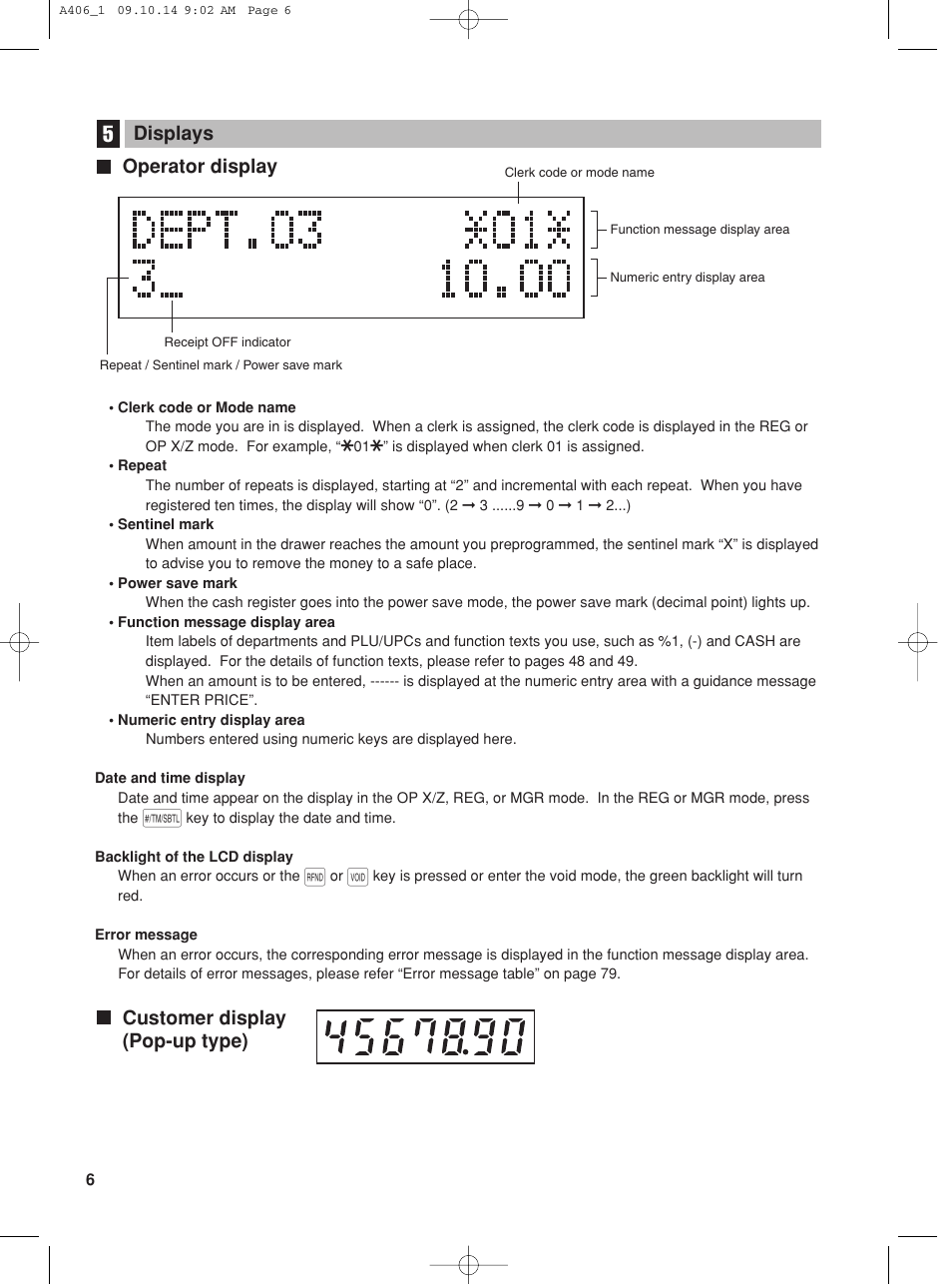 Operator display, Customer display (pop-up type) displays | Sharp TINSZ2602RCZZ User Manual | Page 8 / 132