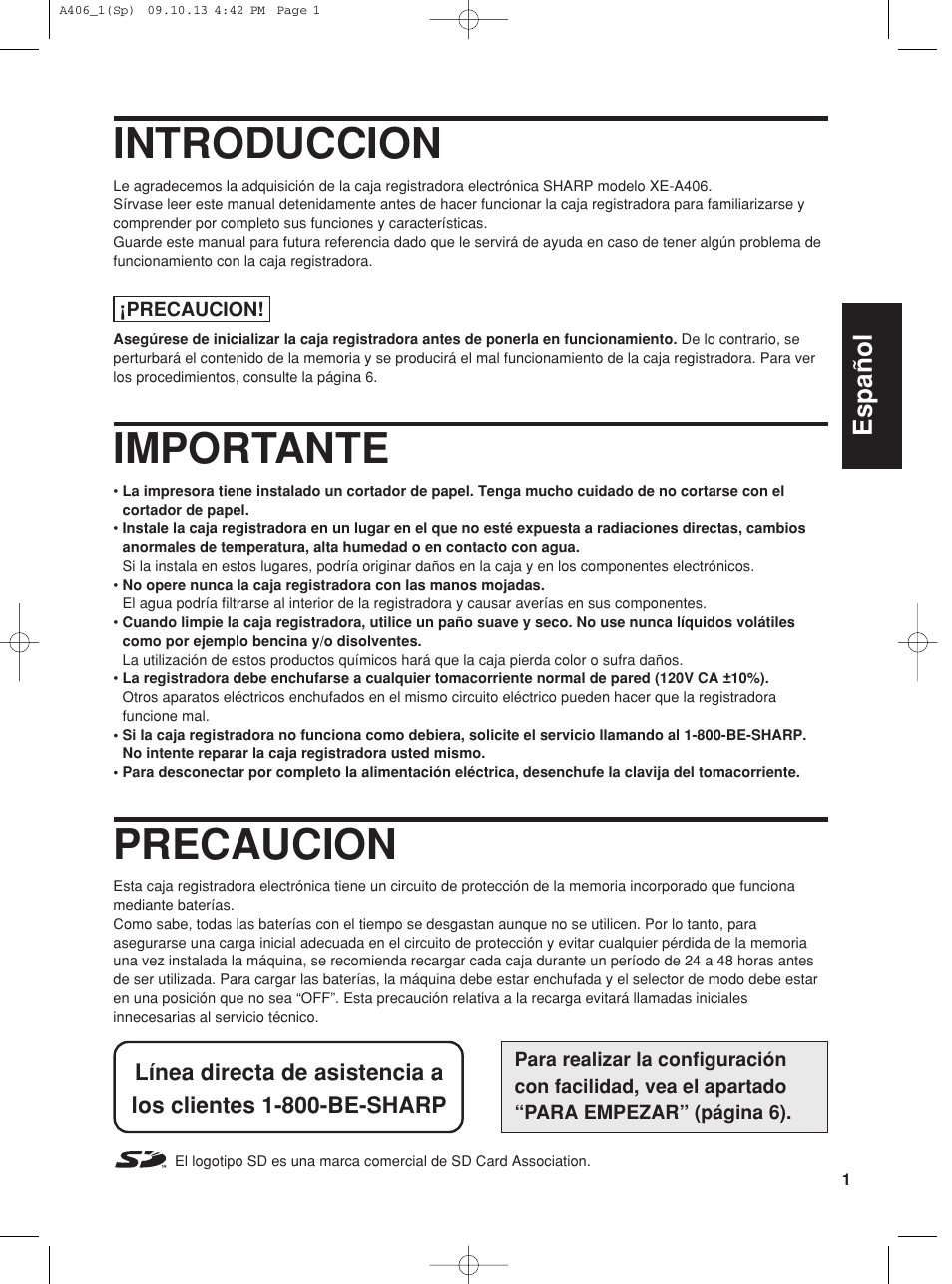 Introduccion, Importante, Precaucion | English español | Sharp TINSZ2602RCZZ User Manual | Page 85 / 132