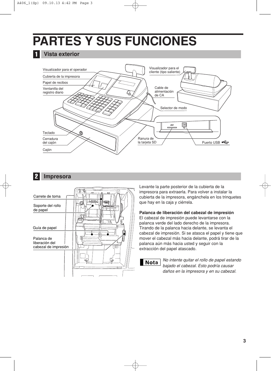 Partes y sus funciones, Vista exterior, Impresora | Sharp TINSZ2602RCZZ User Manual | Page 87 / 132