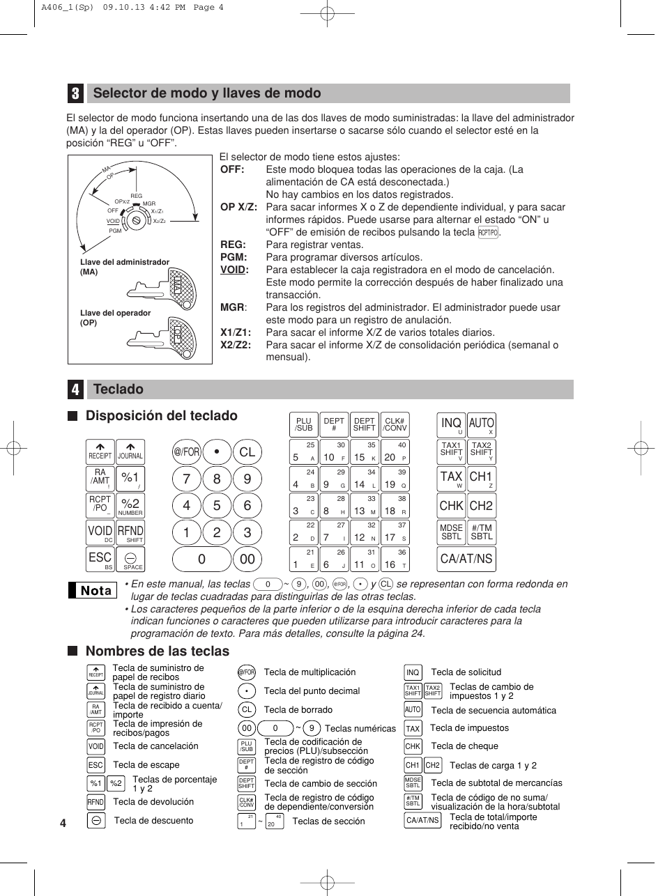 Disposición del teclado, Nombres de las teclas teclado, Selector de modo y llaves de modo | 1 void rfnd, Auto inq, Chk ch2, Tax ch1, Ca/at/ns | Sharp TINSZ2602RCZZ User Manual | Page 88 / 132