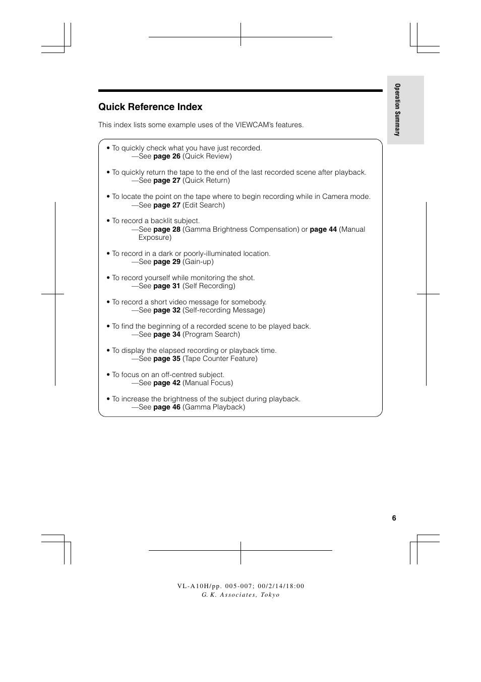 Quick reference index | Sharp VIEWCAM VL-A10H User Manual | Page 13 / 63