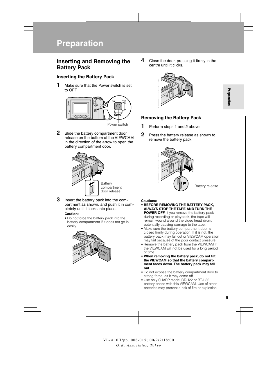 Preparation, Inserting and removing the battery pack | Sharp VIEWCAM VL-A10H User Manual | Page 15 / 63